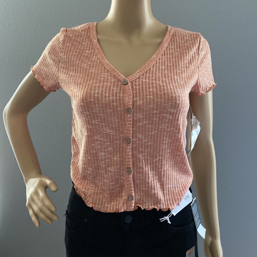 Crave Fame Rib-Knit Short Sleeve Top Size L -Coral-